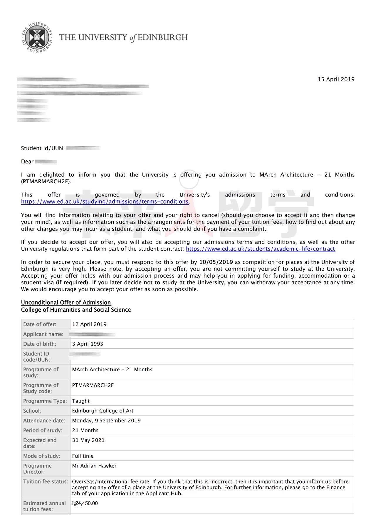 2019未来人留学Z同学 英国爱丁堡大学OFFER!